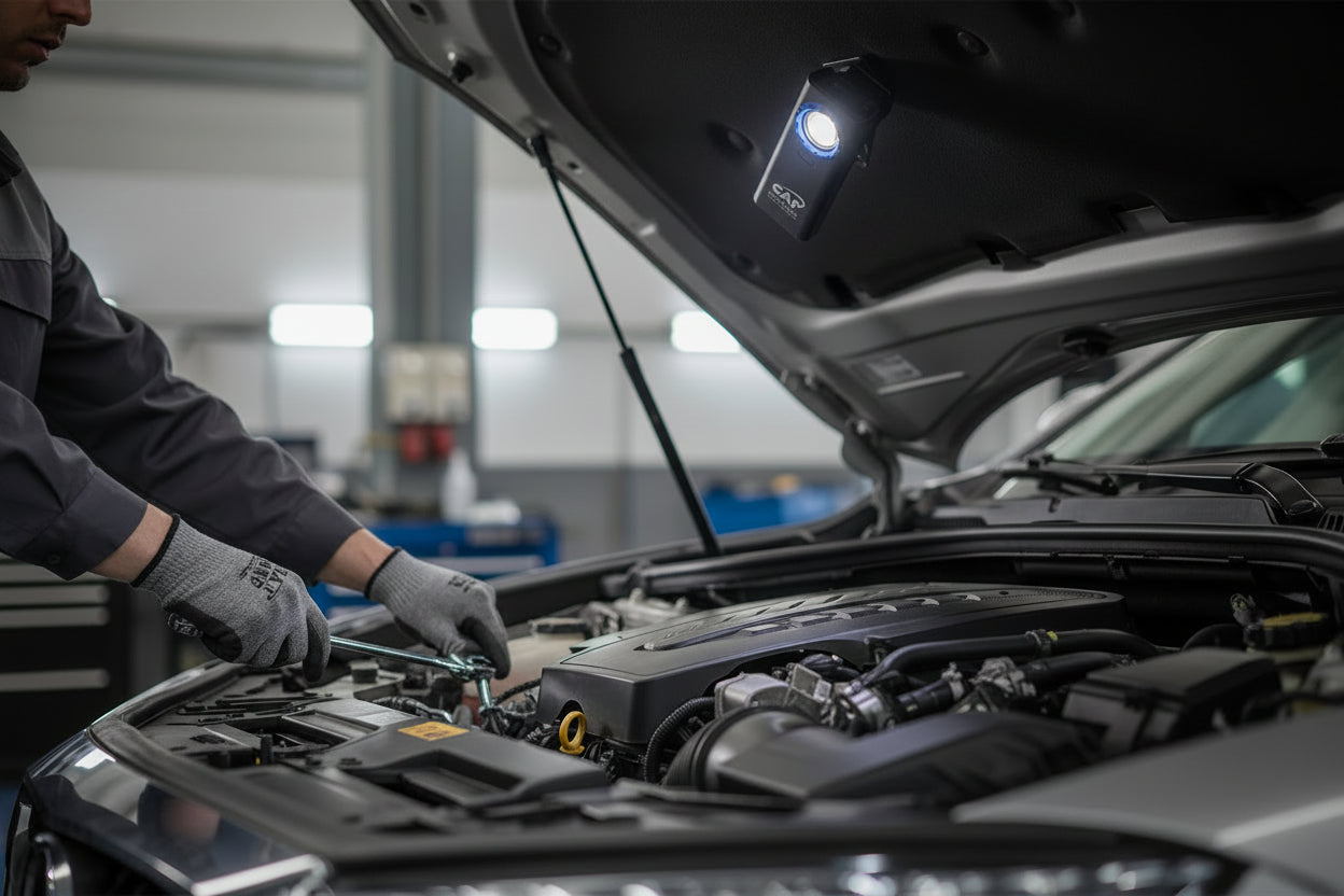 Uppladdningsbar arbetsbelysning för garage, verkstad och hemmafixaren